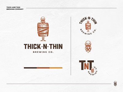 Thick and Thin Brewing Company bar barrel beer branding brewery brown character custom design draft drink hops humor illustration logolounge orange palette seltzer size tap