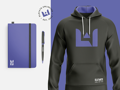 Elevate Unlimited branding brandmark community consulting design elevate gray hoodie inspire logo mockup motivate notebook pen purple seal speaking sweatshirt unlimited uplift