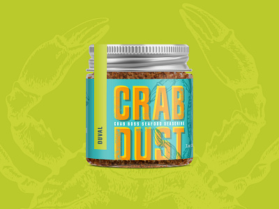 Crab Dust Seafood Seasoning Packaging blue branding bright colorful crab custom design food green illustration label orange packaging purple red seasoning spicy