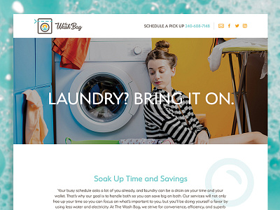 The Wash Bag Website blue bright bubbles clean fresh laundry parallax service web design website yellow