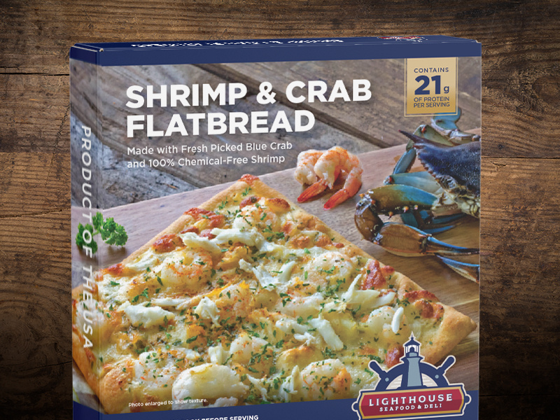 Lighthouse Seafood & Deli Shrimp & Crab Flatbread gold red blue food illustration box branding logo label lighthouse seafood packaging