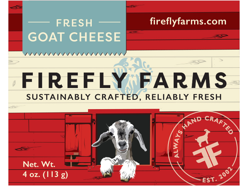 Fresh Goat Cheese Label sustainable hand crafted seal food packaging blue red packaging design firefly farms fresh barn goat cheese goat cheese food label packaging