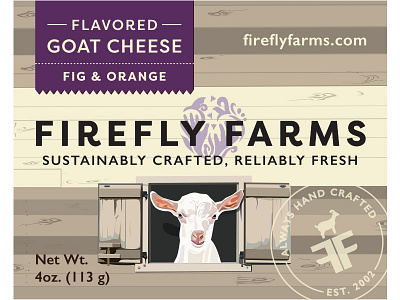 Fig & Orange Flavored Goat Cheese Label barn farm fig firefly farms flavored goat cheese food food packaging goat label orange packaging packaging design purple