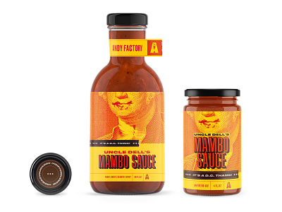 Uncle Dell's Mambo Sauce barbecue bottle branding brown food food packaging funny george washington jar label design mambo sauce mumbo sauce orange package design packaging red sauce saucy washington dc yellow
