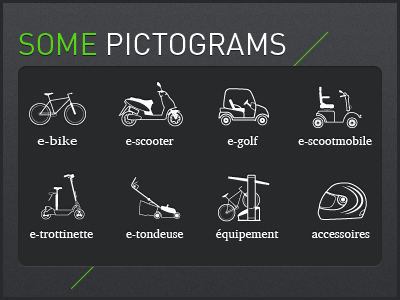 Product pictograms accessories bike golf mower scooter