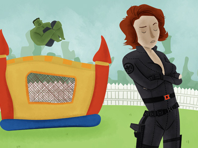 "I... I don't see how that's a party" avengers black widow bounce castle character hulk illustration movie natasha romanoff