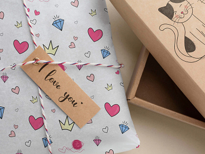 Cute pattern design for packaging. cat flat heart holiday illustration package pattern