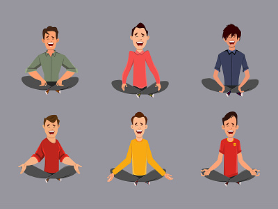 Different man characters relaxing meditation or doing yoga animation boy cartoon character different emotion expression face facial happiness happy human meditation motion pose relax set worker yoga young