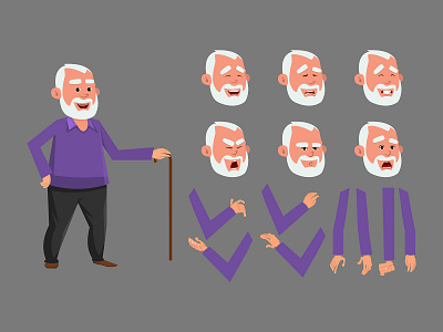 Old man custom character set animation boy cartoon character classic design emotion expression fat fitness flat funny healthy motion person set strong weight young