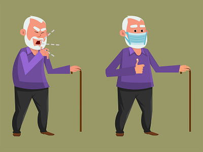 old man coughing and wearing protective face mask