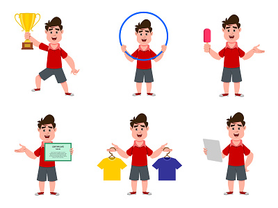 Cute boy character with different poses animation avatar book boy cartoon character child design emotion expression face facial happy motion school study thinking video young