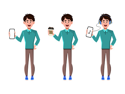 Character set of three poses with holding phone and coffee cup