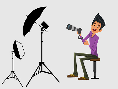 Photographer in his studio with equipment 2d illustration boy camera cartoon character character design flashlight illustration lens light photographer spotlight studio vector