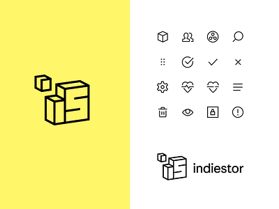 New logo for indiestor black branding clean corporate cube floating icons initials logo outline pack square startup storage symbol wordmark yellow