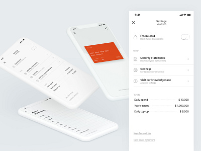 Xapo card - settings and other sub-pages card clean debit figma financial app fintech ios iphone x minimal mobile app prepaid red settings ui ux white xapo