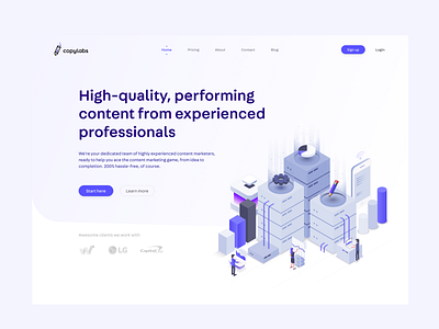 Homepage - CopyLabs agency clean content marketing copywriting creative homepage illustrations isometric lab marketing site playful purple