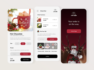 Coffee Shop App app app design avocado toast christmas coffee deer hot chocolate muffin red santa shop ui