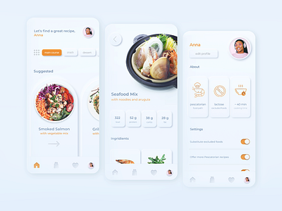 Recipe App app design food neumorphism pescatorian profile recipe salmon ui vegetable