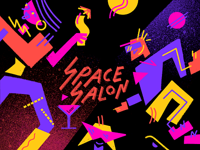 Space Salon 🍸 80s abstract art cocktail dance funky geometric graphic hand typography illustration logo neon party planet space