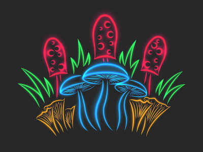 Mushrooms glowing neon illustration design food app food illustration food logo glow colors glow in the dark glowing neon illustration ingredient multicolor mushrooms neon emblem neon light neon sign toxic vector vibrant colors