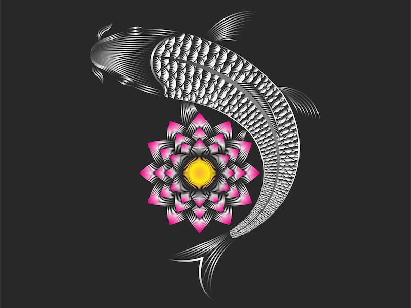 Black Ink Lotus Flowers With Koi Fish Tattoo Design For Sleeve