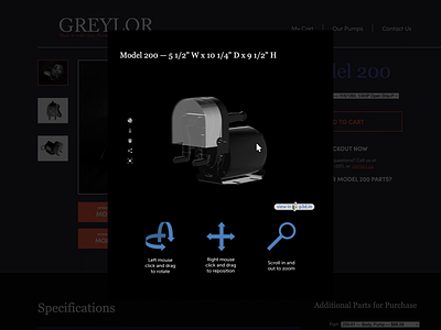 Greylor Product Page 3D Model Interface 3d manufacturing ui ux