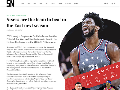 Sports Web Article 76ers article design basketball design graphic philadelphia photoshop sketch sports ui uidesign uiux ux web webdesign website website design