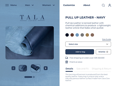 Tala Leather "Blue" Webdesign Product branding design graphic design leather ui ux webdesign website