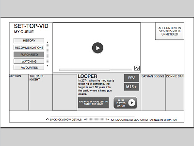 Interface for set-top box video product ui ux video wireframe