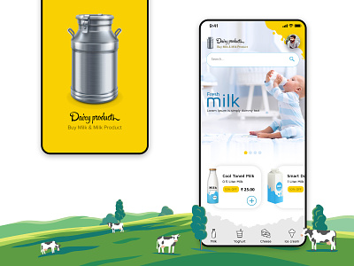 Milk and Milk Product Online Purchase app design cheese cow food ice cream interaction design iphone iphone app milk simple design ui ux yellow yoghurt