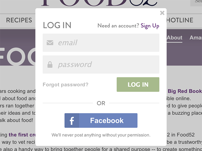 Log In Modal log in login sign in modal facebook connect symbolset
