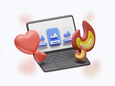 Macbook with hearts and flames 3d apple computer fire flame graphic design heart hearts ill illustration ios laptop macbook red shape ui ux