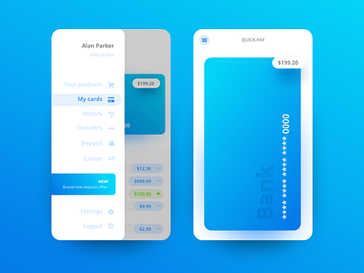 Bank App - Hamburger & Quickpay android animation app bank design illustration interface ios iphone money ui ux