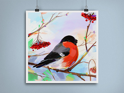 Bullfinch bird bright. colorful oil painting painting photoshop sparrow spring