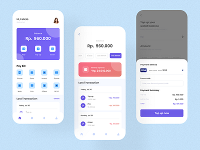 Digital Wallet Home, Hystory, Checkout Transaction app design ewallet illustration ui ux