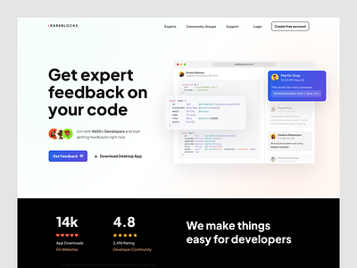Developer Community Landing Page code commnunity course design developer development feedback hero section homepage interface landing page learning review saas startup teaching ui kit website
