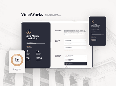 VinciWorks - LMS Compliance Platform - Web Application Design analytics b2b branding clean compliance courses dashboard app gold learning application learning management system legal lms navy online learning saas typography ui uiux userexperience ux
