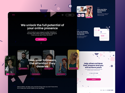 Homepage design for a Startup - In Process agency website b2c branding dark homepage icons illustration influencers landing page navy pink social media pack typography ui web web design youtuber