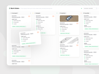 AppRent | KanBan Board archia asana cards ui dashboard app dashboard design green interface design kan ban view kanban kanban board management app muted orange product design real estate realestate saas tags web admin workorders