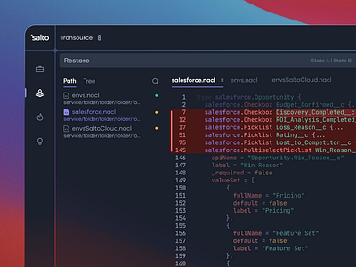 The Diff | Dark Mode | Salto bizops business operations clean code code editor codepen compare development devops git github inspector menu path saas salesforce sidebar softwareasaservice thediff tree