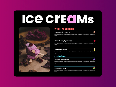 Ice Creams Menu app branding dailyui day43 design food icecream illustration landingpage logo menu typography ui ux vector website