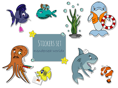 Stickers Set "Undersea world" cartoon cute design fish fun illustration kids marine outline scrapbook shark stickers summer underwater vector