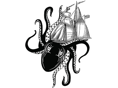 Octopus Illustration black boat illustration octopus sea white