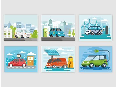 Vector cartoon city new energy electric car illustration city illustration