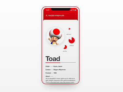 Toad app app profile app ui helvetica helvetica neue inspiration mario bros mario kart mobile app mobile ui neumorphic neumorphism nintendo profile red toad toadstool ui video game videogame