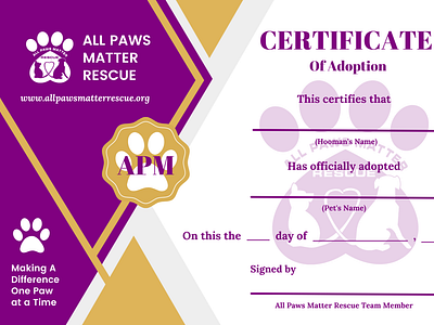 Adoption Certificate for All Paws Matter Rescue adoption animal rescue branding certificate layout design