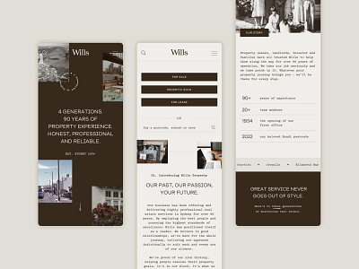 Wills Property — Mobile Designs atollon australia brown corporate figma for sale landing page mobile mobile design monospaced type property real estate realty responsive sketch sydney ui uxui vintage web design