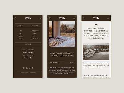 Wills Property — Mobile Designs atollon australia brown corporate figma mobile design monospace monospaced type profile property real estate realty responsive responsive grid sketch sydney ui design vintage web design website design