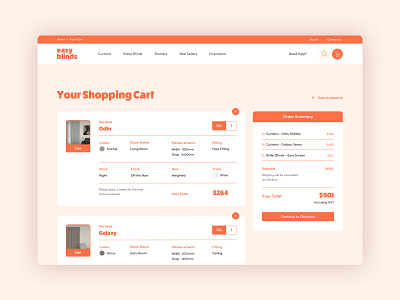 Easy Blinds — Shopping Cart atollon australia checkout curtains diy e commerce ecommerce figma friendly branding melbourne online shopping orange product design responsive shopify shopify plus shopping cart uxui web design website design