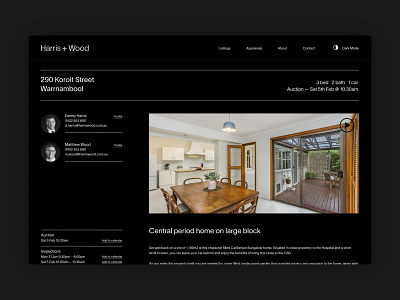 Harris + Wood – Desktop Design atollon australia black and white dark mode digital publication figma for sale layout design light more melbourne minimal web design minimalism monotone property real estate realty responsive simplicity web design website design